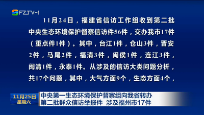 中央第一生态环境保护督察组向我省转办第二批群众信访举报件 涉及福州市17件
