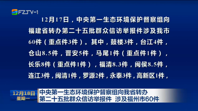 中央第一生态环境保护督察组向我省转办第二十五批群众信访举报件 涉及福州市60件