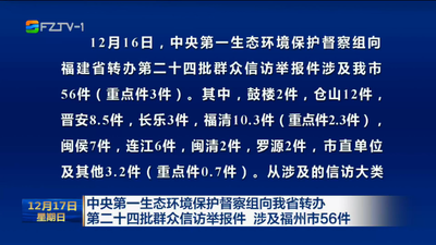 中央第一生态环境保护督察组向我省转办第二十四批群众信访举报件 涉及福州市56件