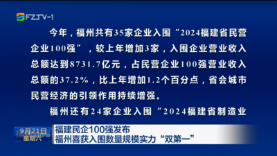 福建民企100强发布 福州喜获入围数量规模实力“双第一”