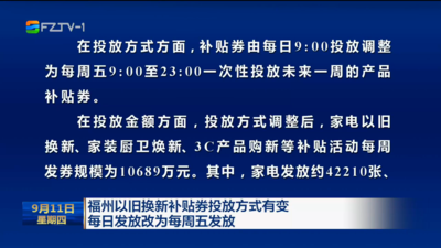 福州以旧换新补贴券投放方式有变 每日发放改为每周五发放