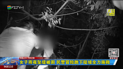 女子雨夜坠堤被困 民警冒险跳下陡坡全力施救