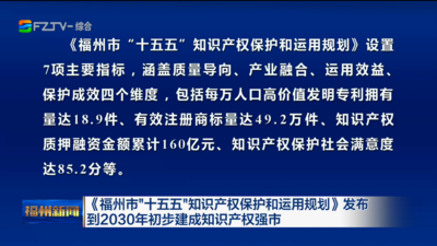 《福州市“十五五”知识产权保护和运用规划》发布 到2030年初步建成知识产权强市